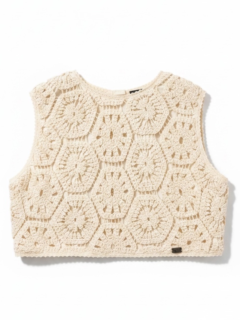 Lucky & Blessed Beige Crochet Sleeveless Lined Button Back Tank Top Large